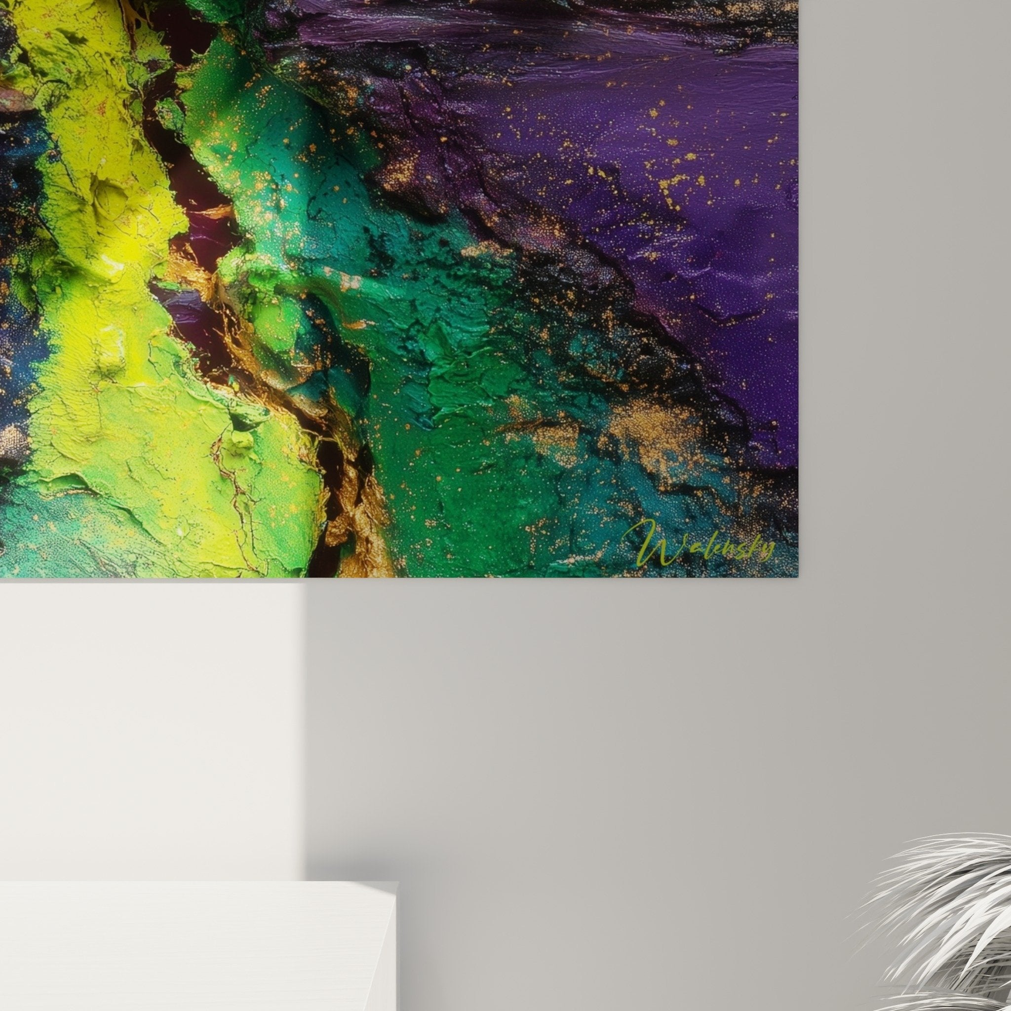 abstract wall art modern living room vibrant purple green colors feng shui southeast wood