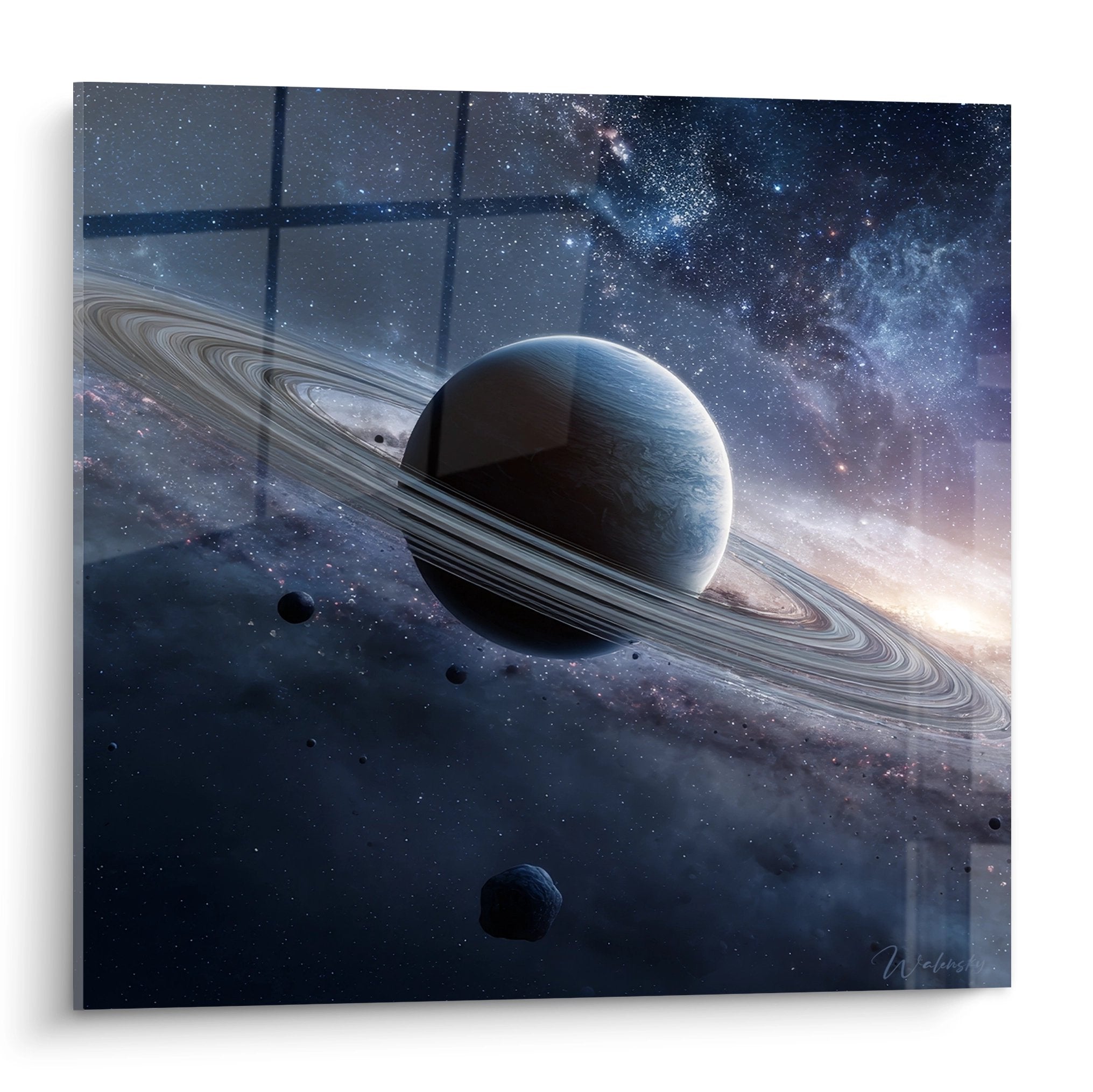 Tableau mural Saturne avec anneaux cosmiques et lunes en orbite sur fond de galaxie étoilée