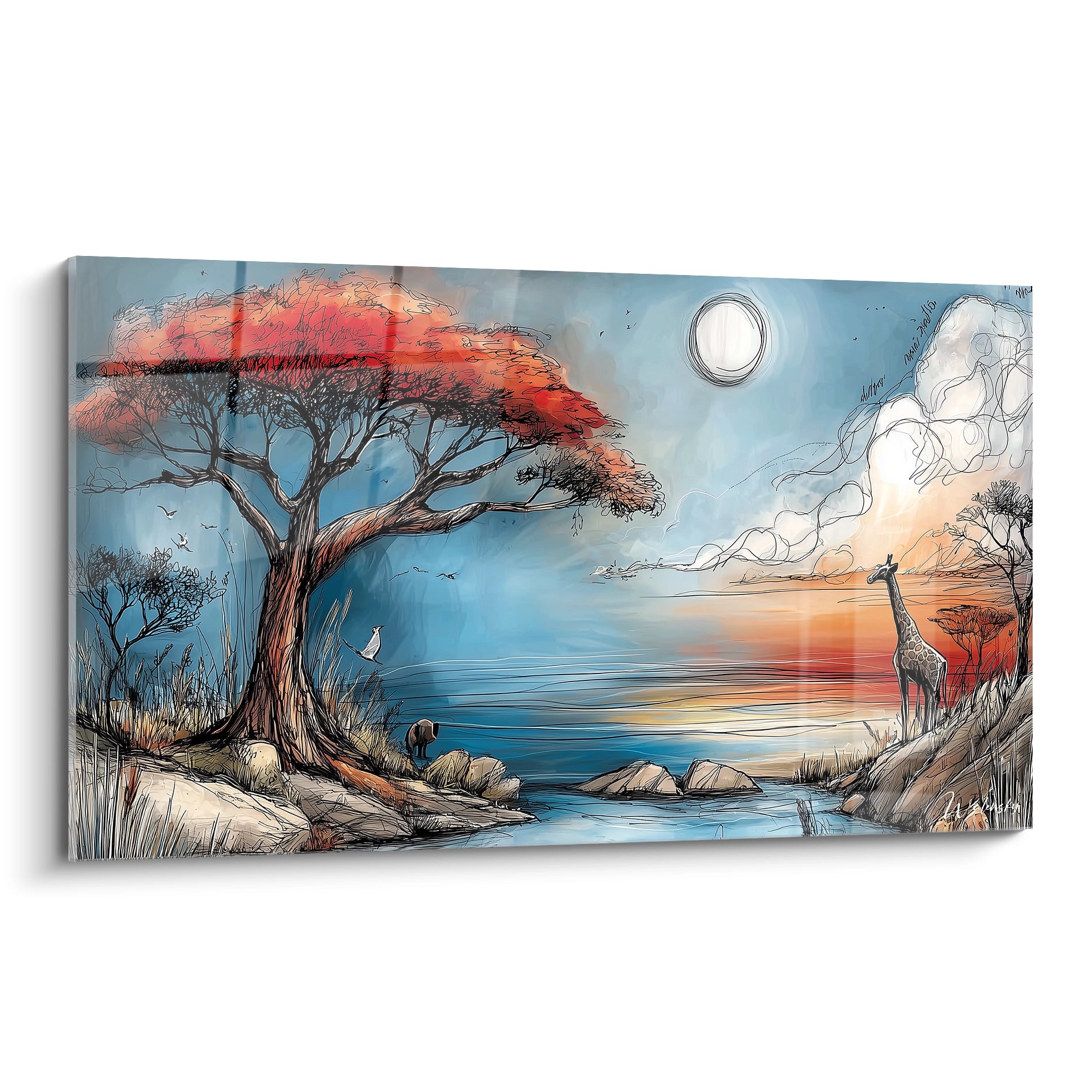 Tableau mural savane africaine avec un paysage de girafe et un coucher de soleil coloré