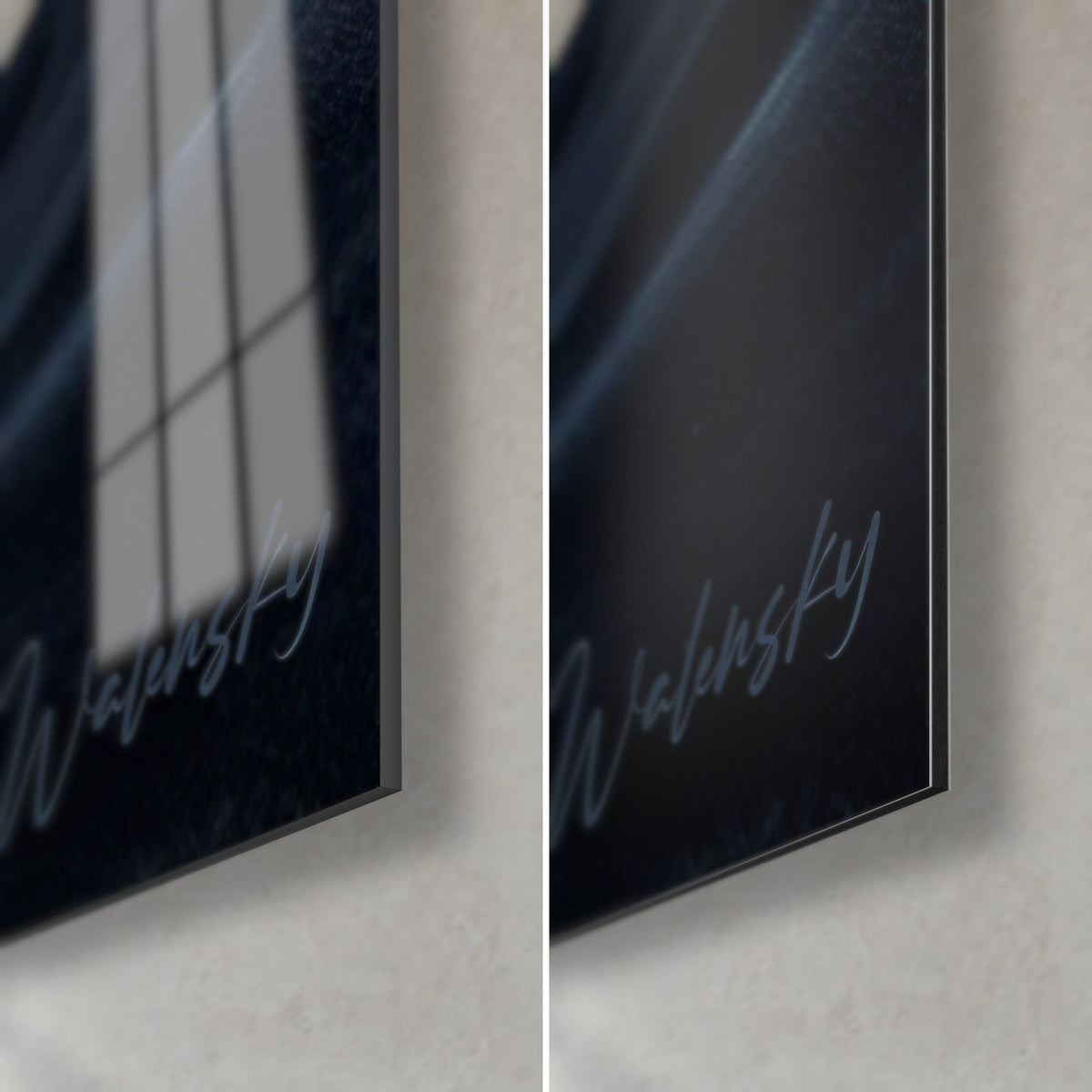 Schilderij van een Schotse terriër in olieverf, rechtsonder: glanzend acrylglas dat het raam weerspiegelt, mat zwart Dibond en rand van 3 mm