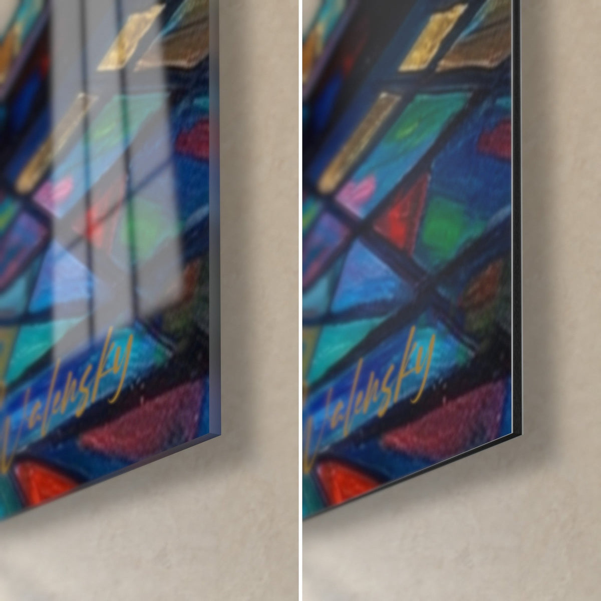 Tableau terrier écossais, coin bas droit : verre brillant aux reflets bleus et rouges, alu Dibond mat, tranche de 3 mm