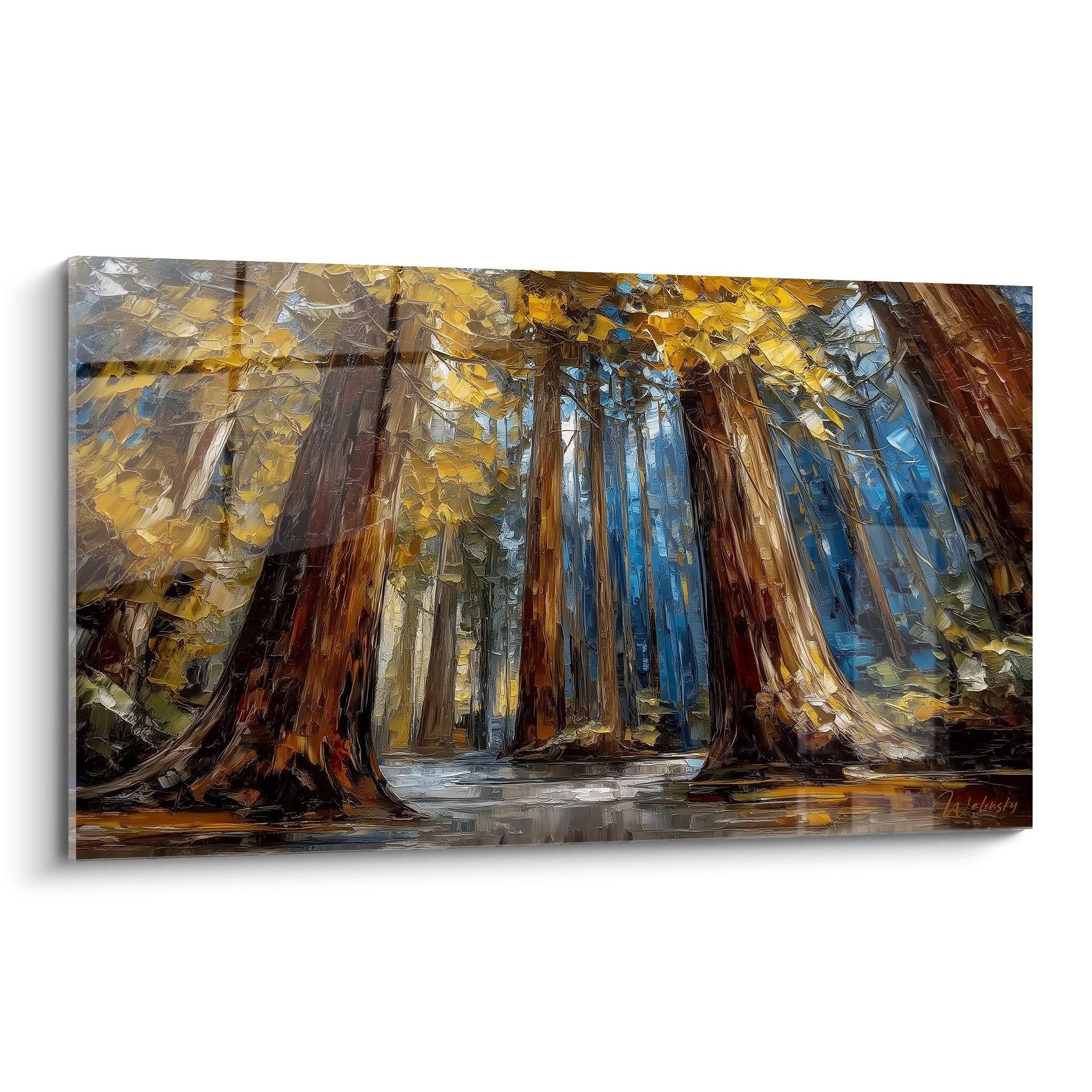 Tableau mural séquoias géants forêt dorée bleue peinture à l'huile moderne décoration nature