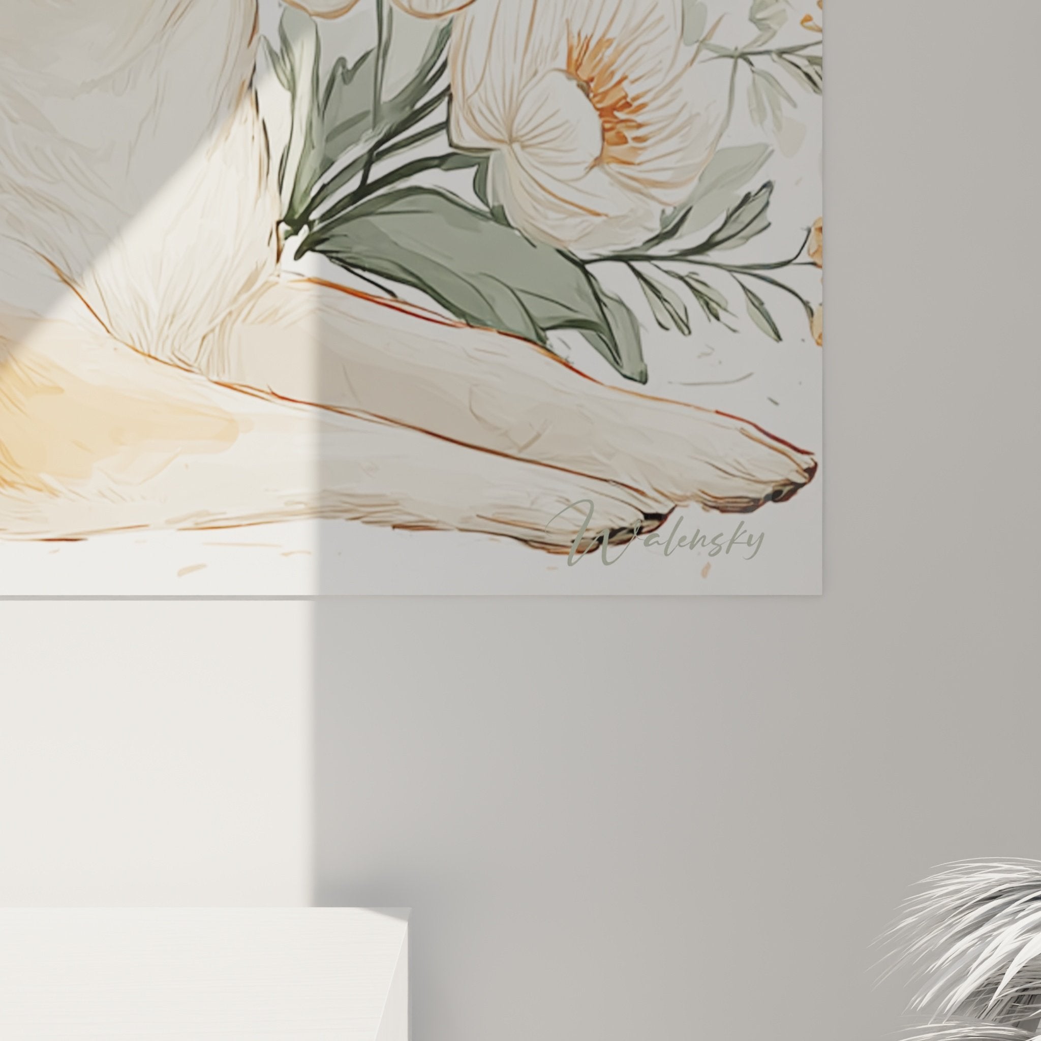 Vue d'ensemble du tableau Shiba Inu fleuri dans un intérieur moderne aux tons naturels