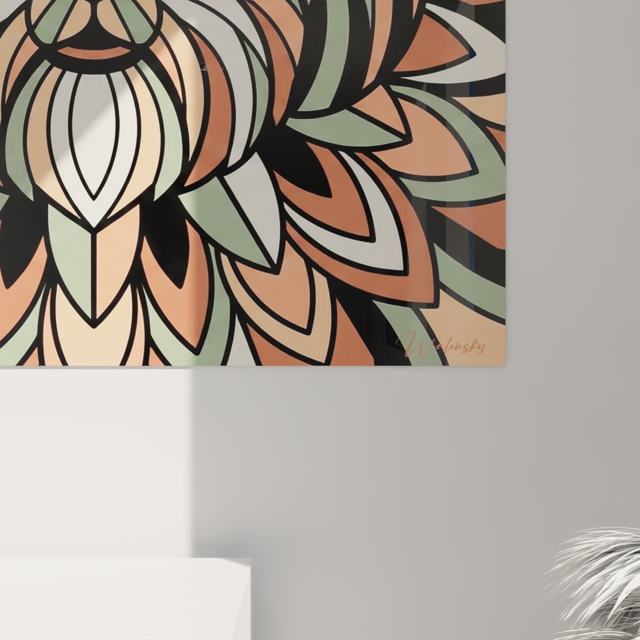 Vista d'insieme del quadro mandala Shih Tzu in interno moderno con cornice e illuminazione decorativa