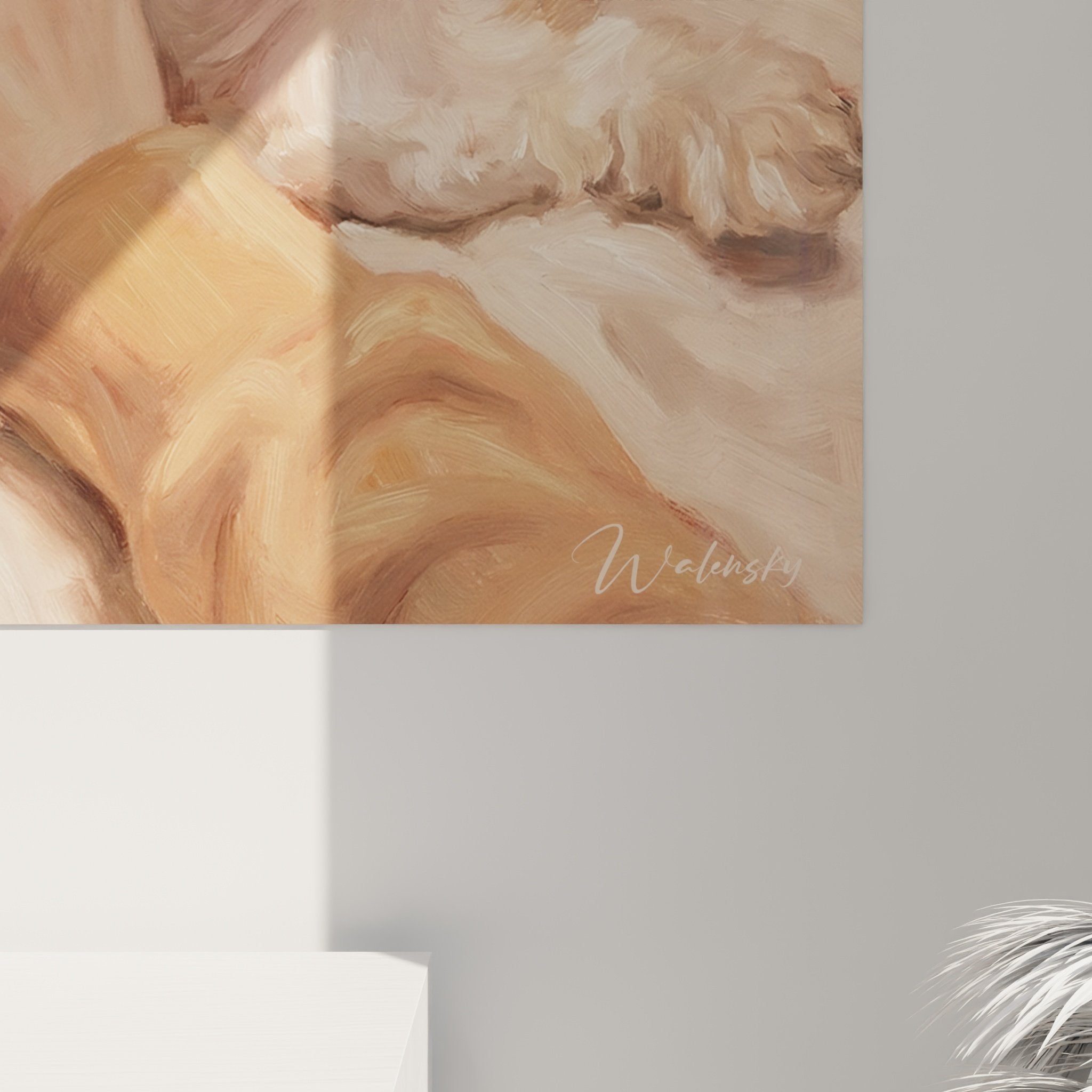 Quadro da parete Shih Tzu scena di tenerezza mattutina tavolozza beige rosa decorazione interna soft