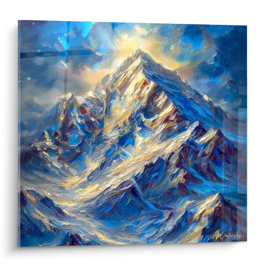 Tableau mural sommet enneigé avec lumière dorée, peinture montagne bleue et or, art décoratif alpin
