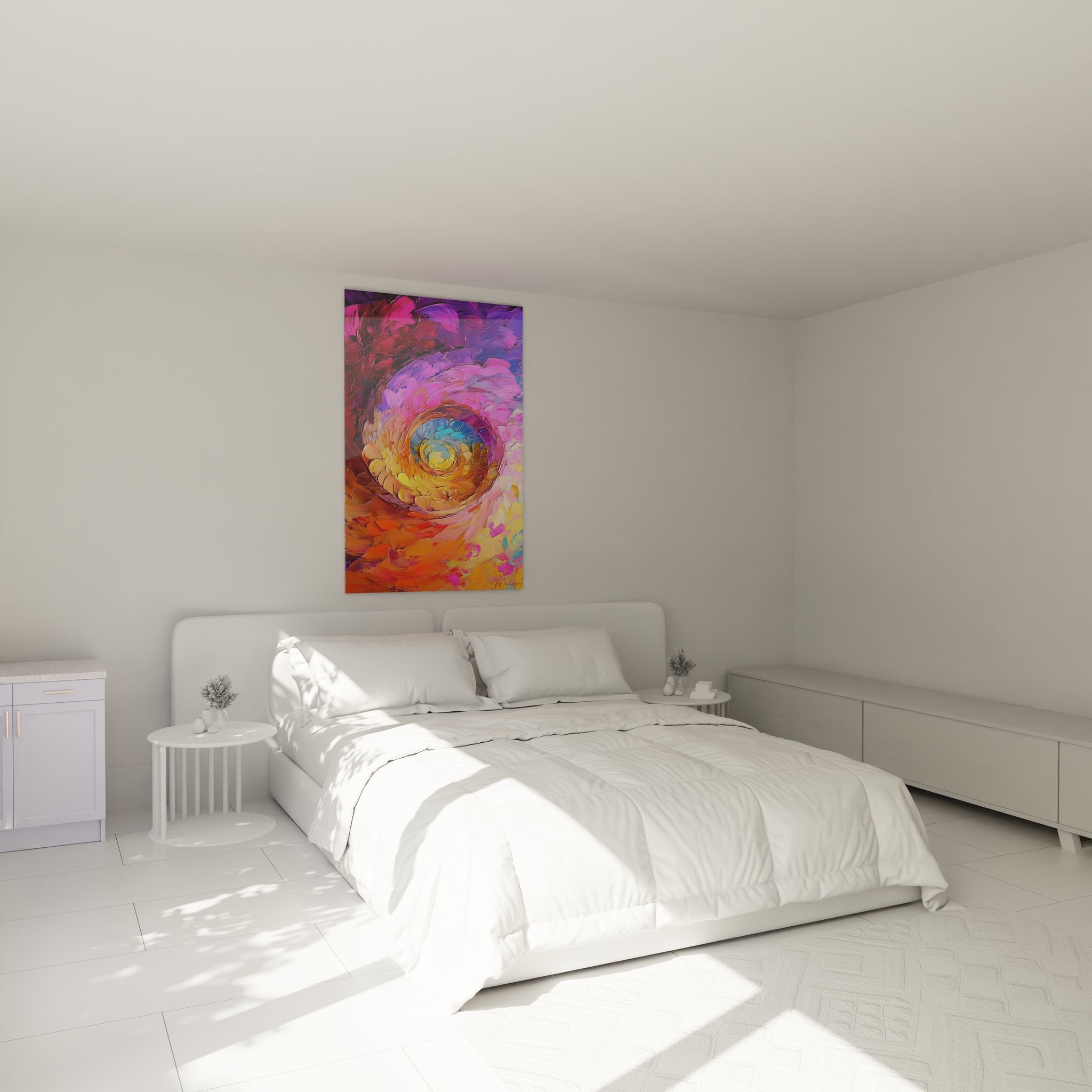 Tableau mural spirale abstraite installé dans chambre moderne, couleurs vives orange rose violet