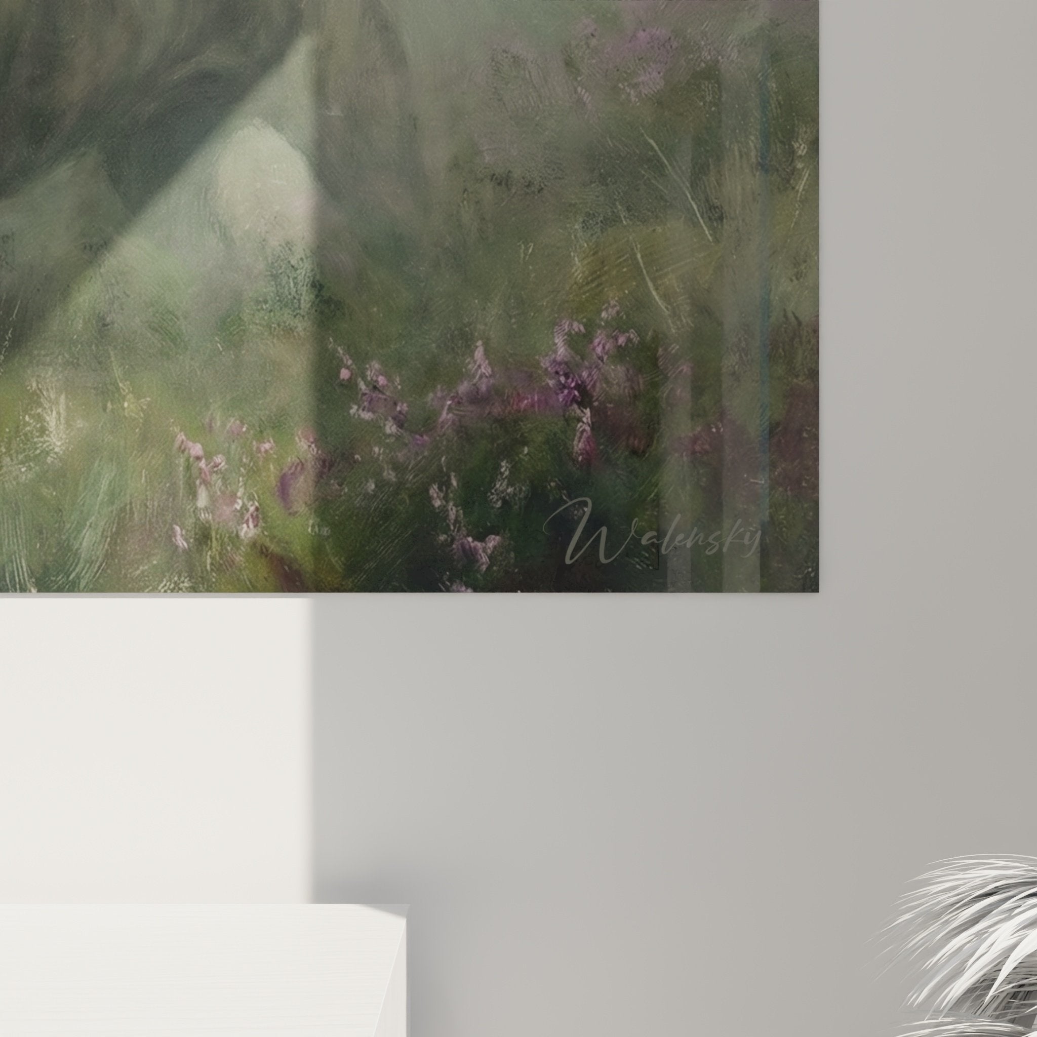Vue d'ensemble tableau mural Staffordshire Bull Terrier paysage lande brumeuse tons verts violets