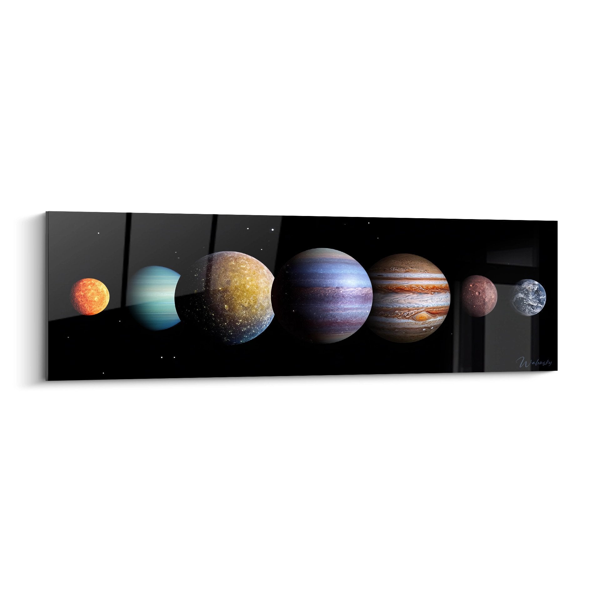 Tableau mural système solaire montrant toutes les planètes alignées sur fond noir étoilé