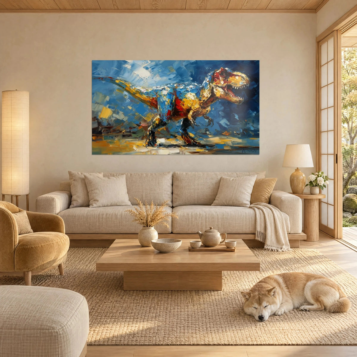 Gemälde Brüllender T-Rex mit blau-ockerfarbenen Schuppen, dicke Spachtelstriche, schlafender Shiba über einem Sofa in einem hellen Wohnzimmer