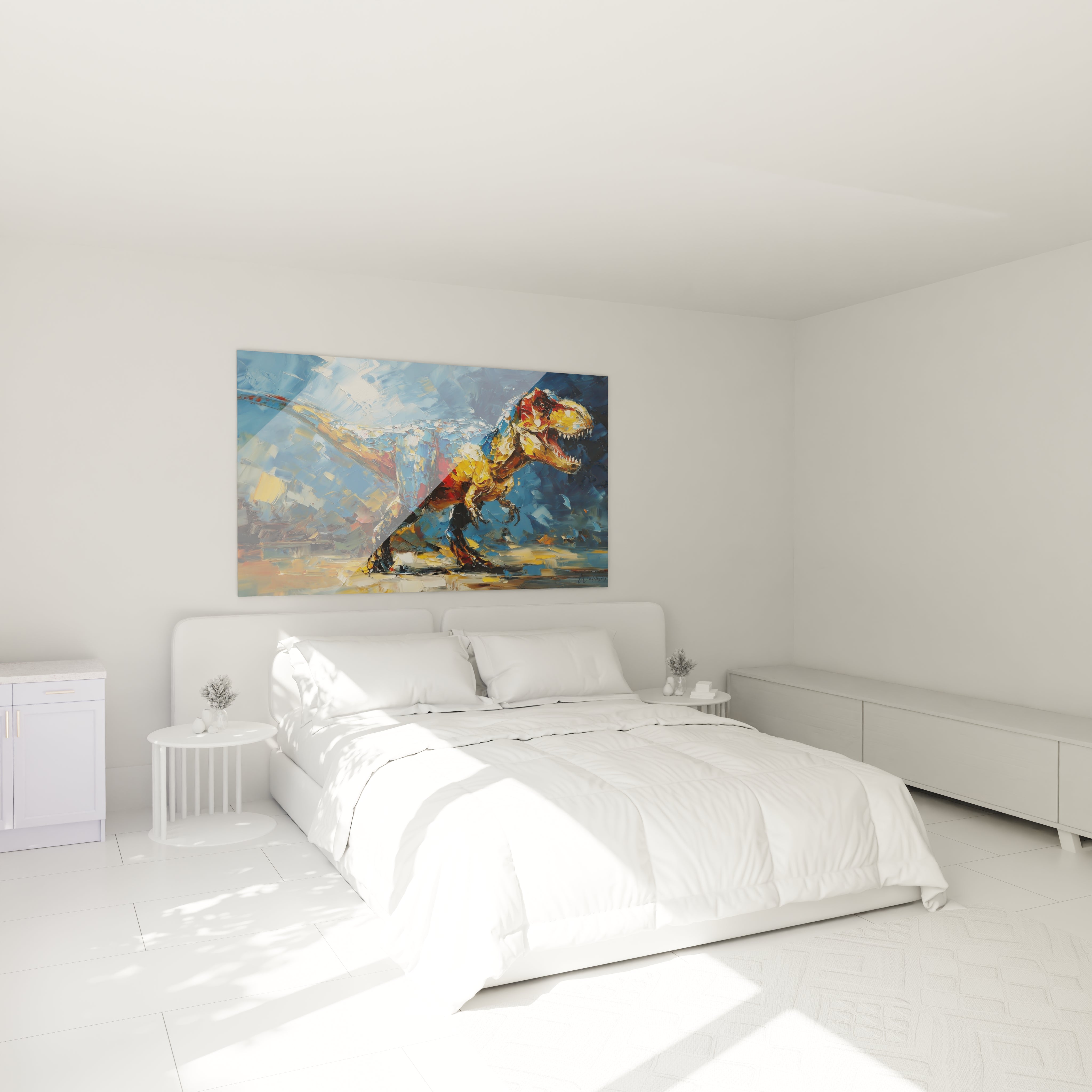 Tableau mural T-Rex palette knife dans chambre ambiance décoration dinosaure artistique