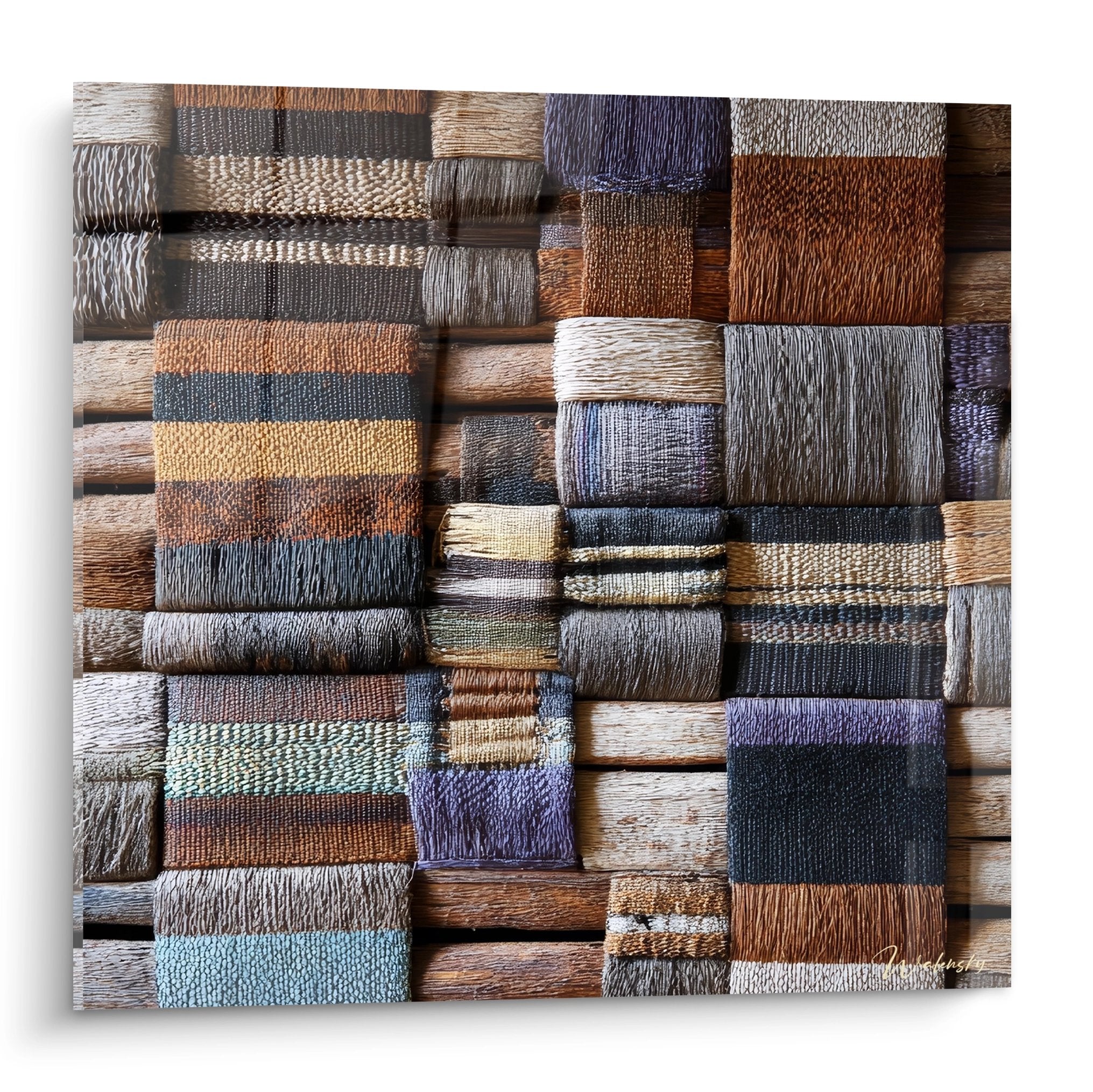 Tableau mural mosaïque textiles artisanaux africains traditionnels sur support bois naturel