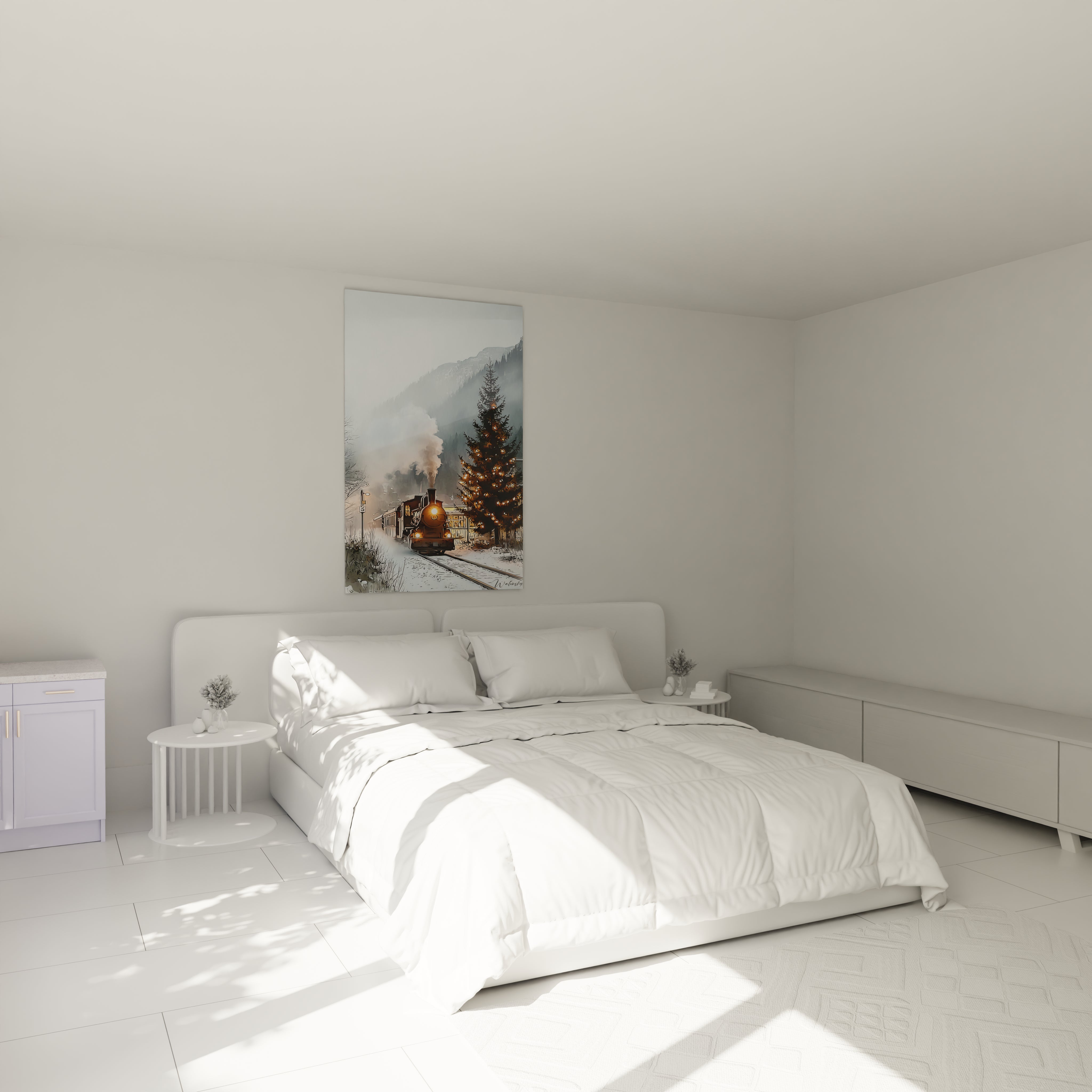 Tableau mural train hiver de Walensky, décorant une chambre moderne avec une ambiance chaleureuse