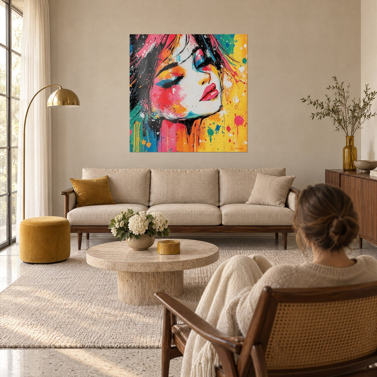 Schilderij gezicht van een vrouw met gesloten ogen, felroze wang en zonnig geel achtergrond, boven een bank in een lichte woonkamer