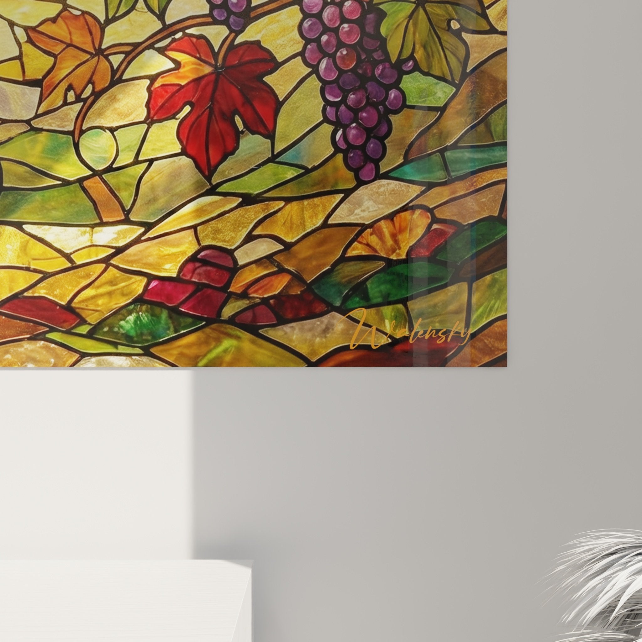 Tableau mural grand format Vizsla technique vitrail salon decoration murale art animalier vignes