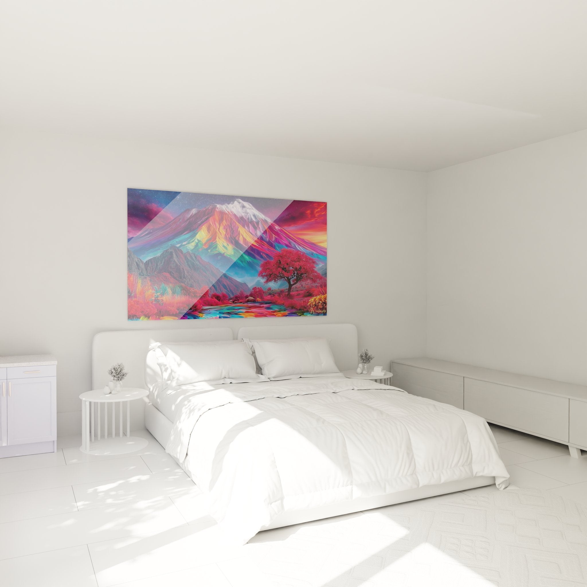 Tableau mural volcan coloré dans chambre moderne, décoration artistique paysage surréaliste
