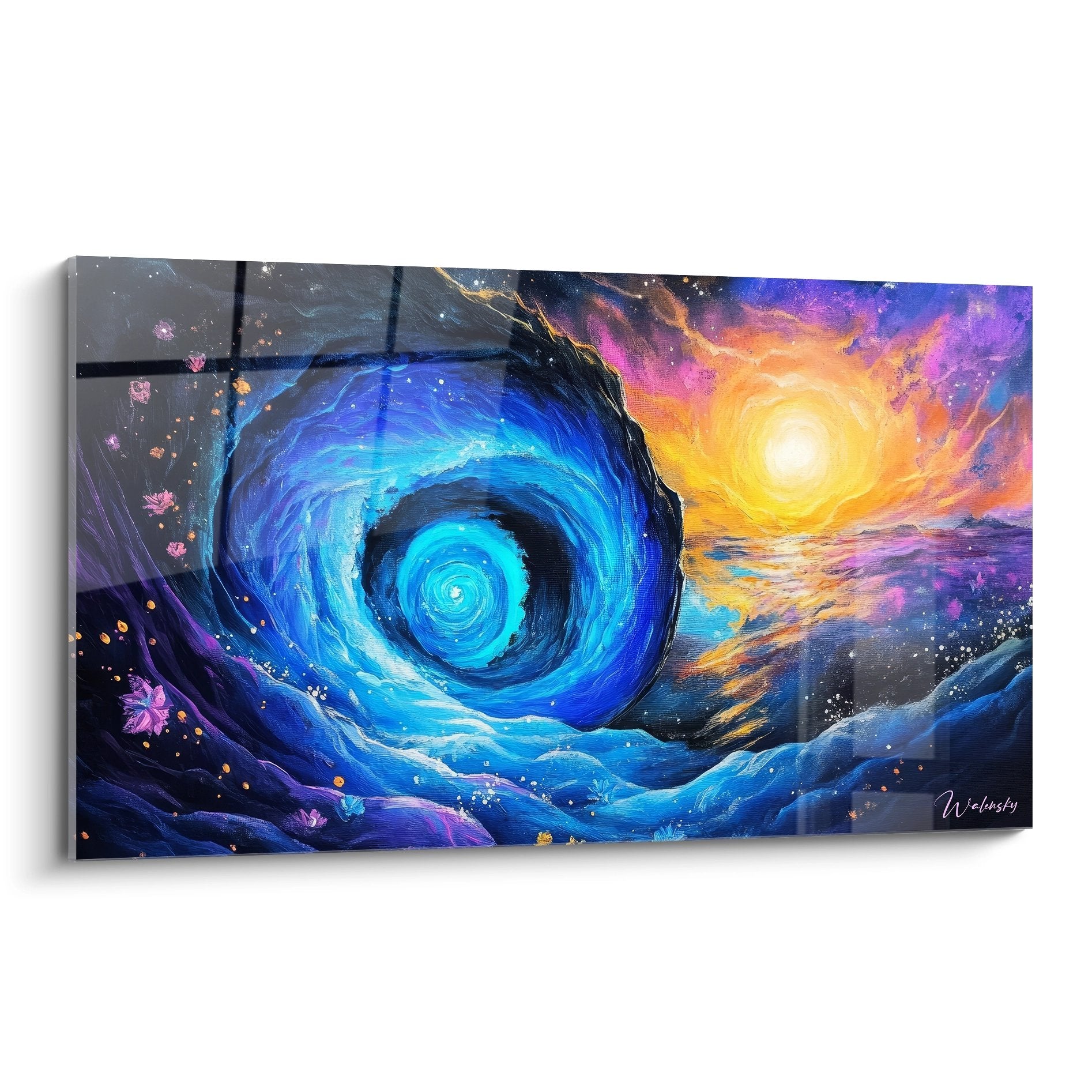 Tableau mural vortex cosmique avec spirale bleue abstraite et soleil doré pour décoration moderne