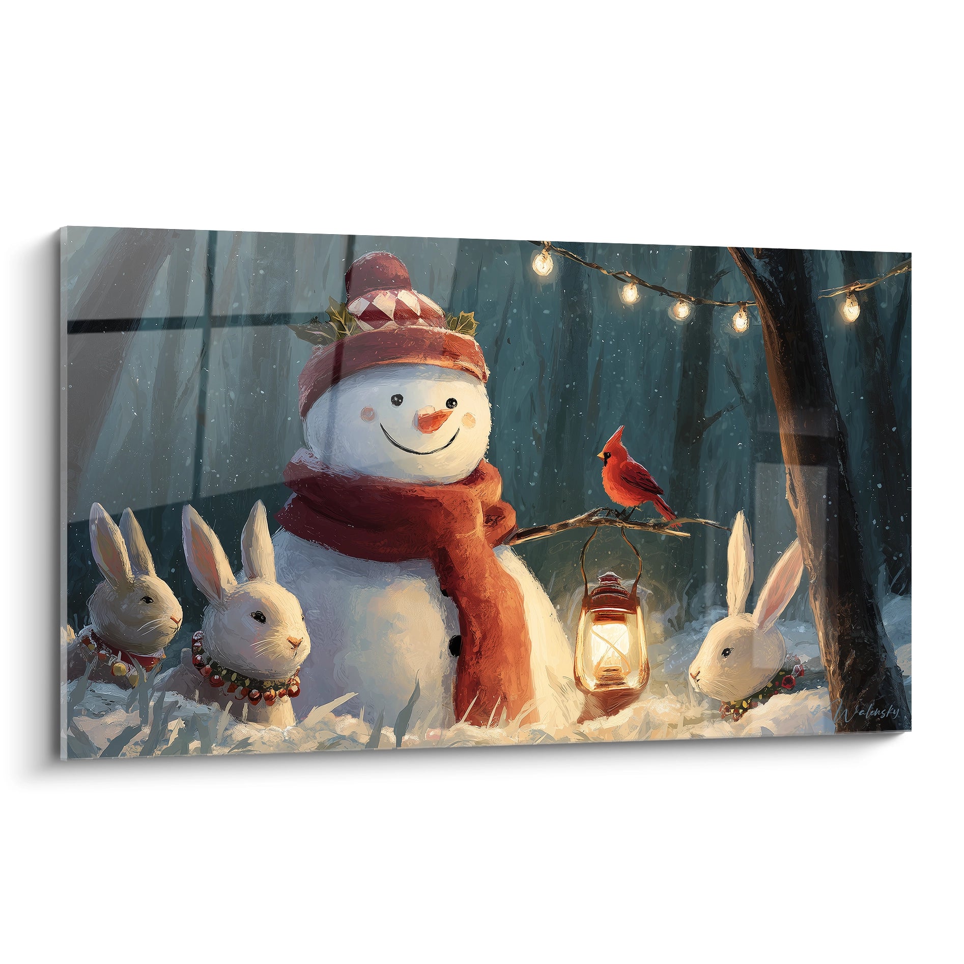 Tableau mural bonhomme de neige Noël avec des lapins et un cardinal sous des lumières scintillantes