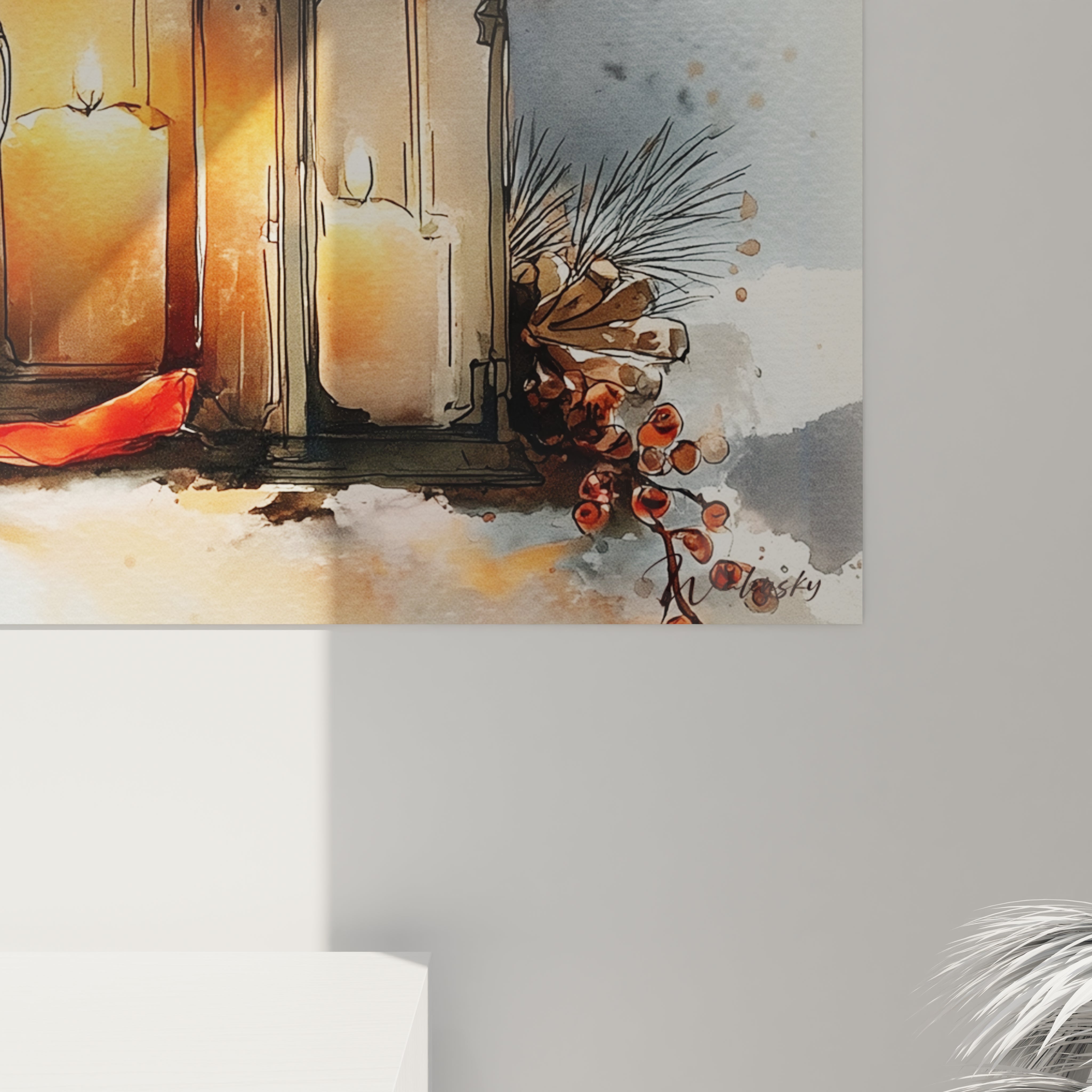 Tableau mural lanternes Noël avec des bougies allumées et des éléments décoratifs festifs