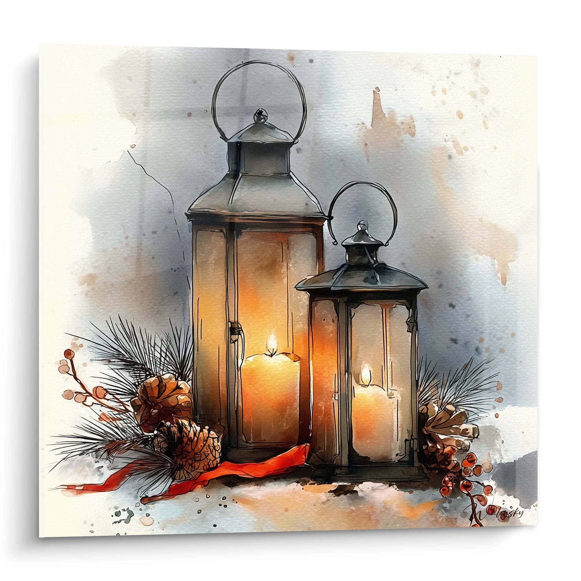 Tableau murale lanternes Noël avec bougies et décoration hivernale en peinture aquarelle