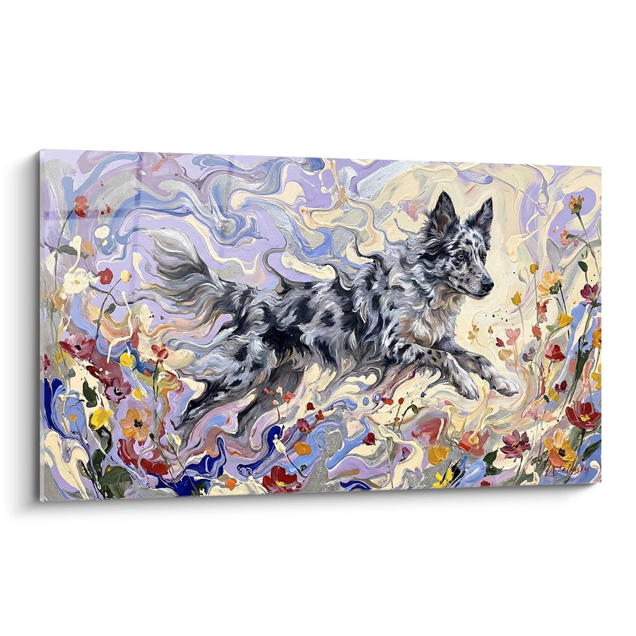 Tableau Mudi Gris en Mouvement dans un Tourbillon Floral Multicolore - Énergie Sauvage - Edition Mudi