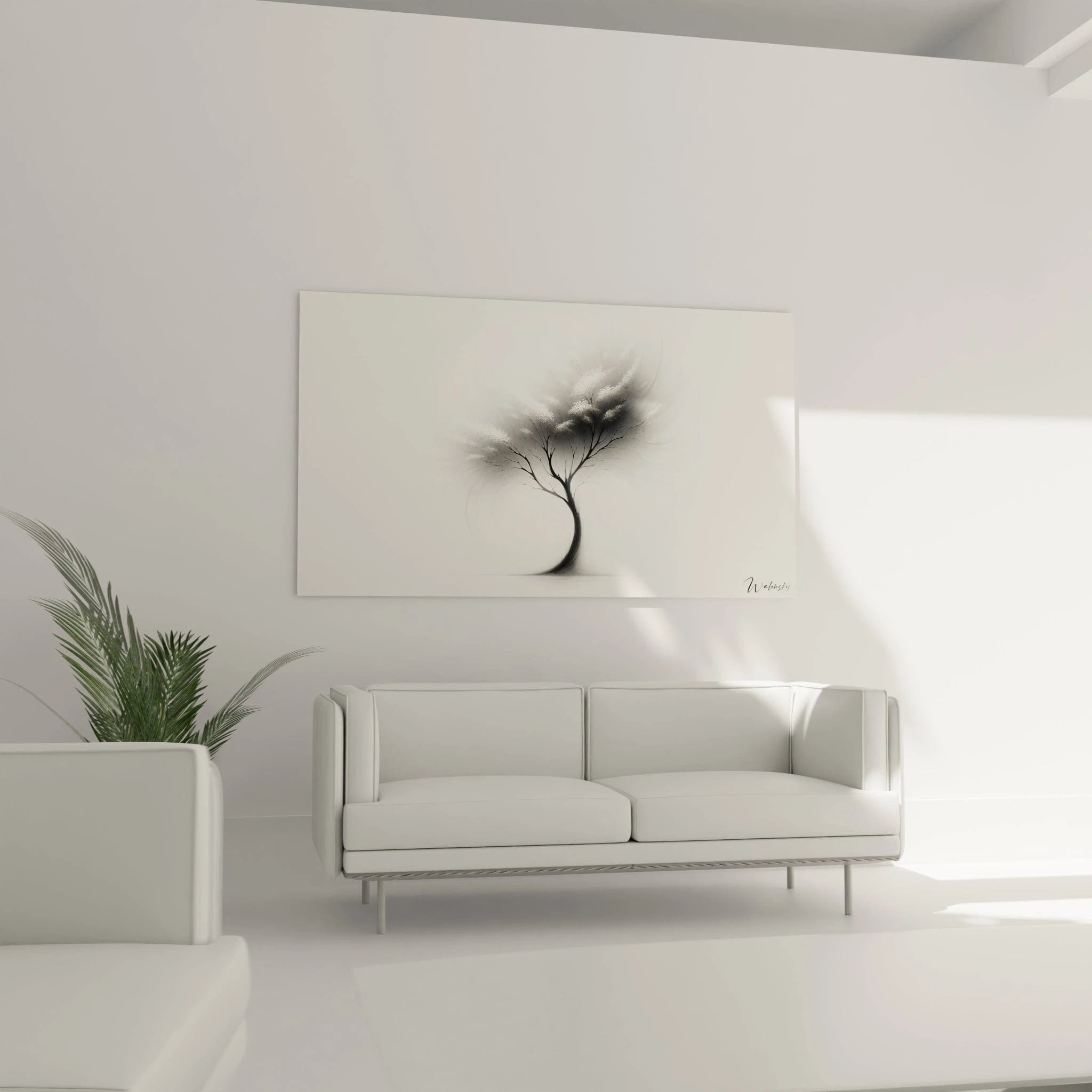 Tableau abstrait montrant un arbre délicat aux contours estompés. Dominantes de noir profond et blanc pur avec dégradés subtils de gris. Texture éthérée avec tronc solide s'affinant en ramifications délicates et feuillage représenté par points lumineux diffus. Composition centrée et épurée créant une impression de légèreté et de mouvement.
