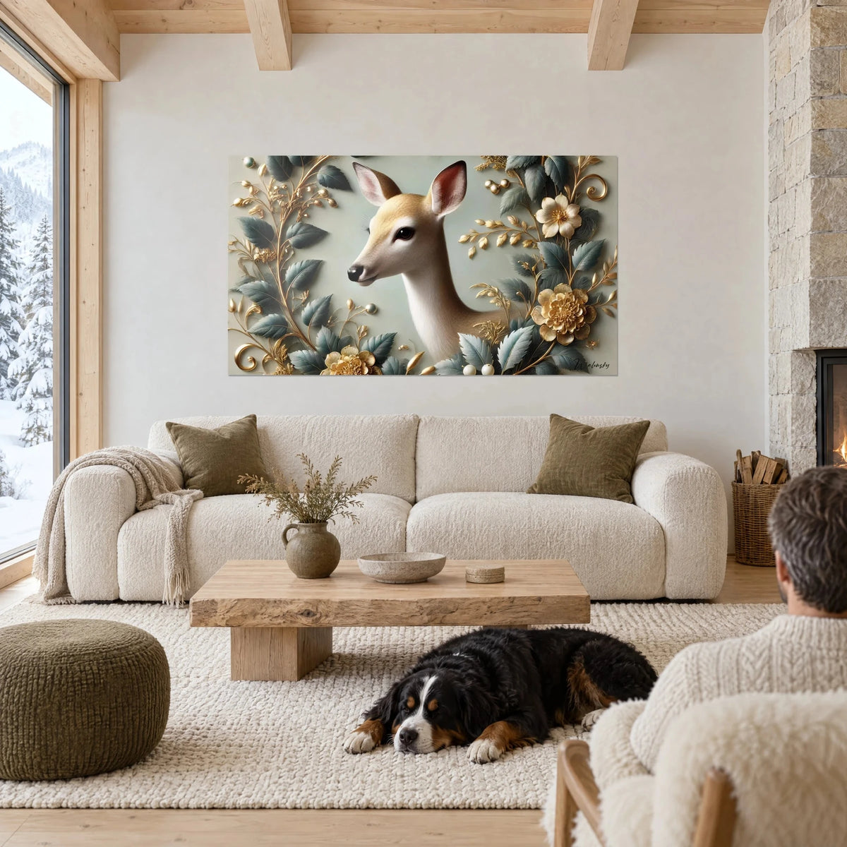 Wall art young deer with honey and cream coat, grey-green foliage and golden flowers, above a sofa in a bright living room
