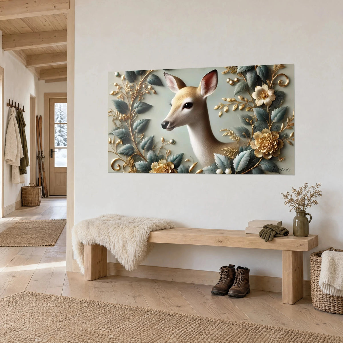 Wall art fawn with large pink ears, frame of grey-green leaves and gold scrollwork, white wall of a chalet, wooden bench