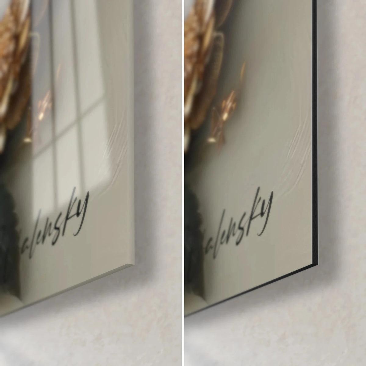 Wall art golden and cream doe, bottom right corner: glossy acrylic glass reflecting the window, matte Dibond and 3 mm edge