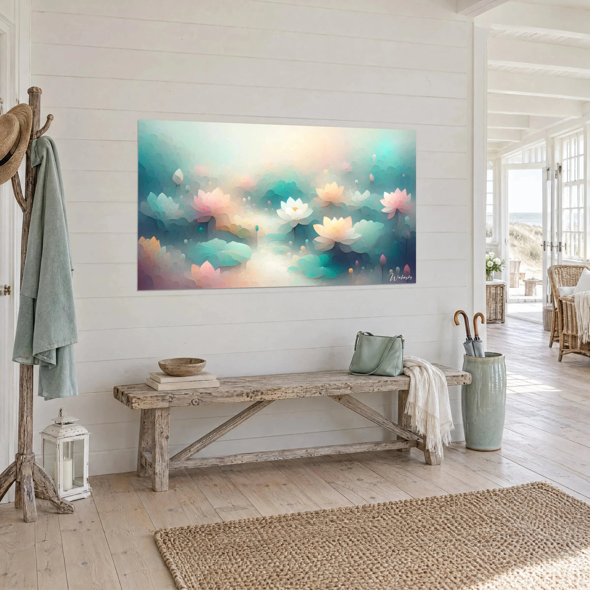 Wall art with peach and white water lily blossoms on sea-green leaves, pearly background, three-quarter view, seaside house