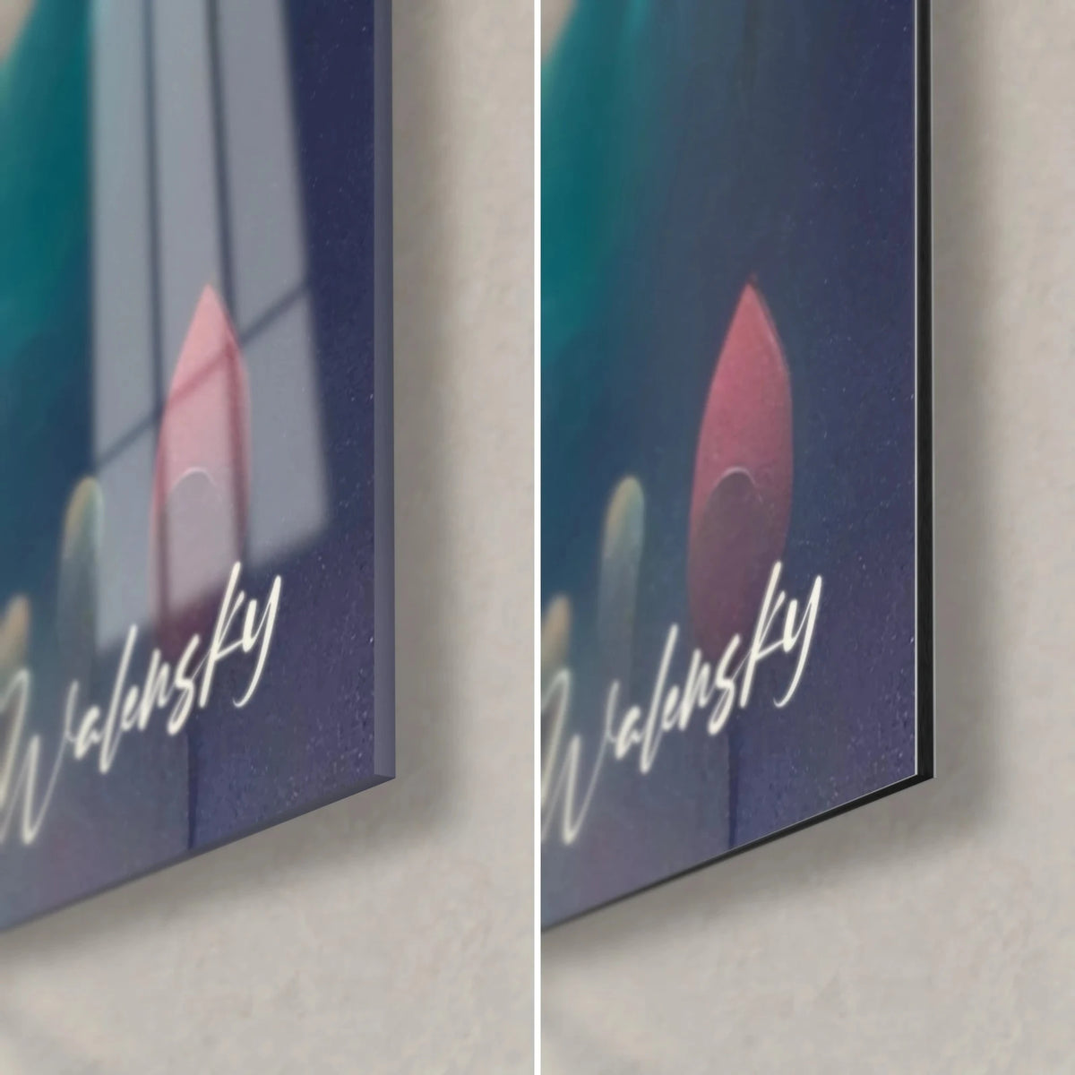 Wall art with pale pink and mint green lotus, Walensky signature bottom right, glossy glass on the left, matte Dibond on the right