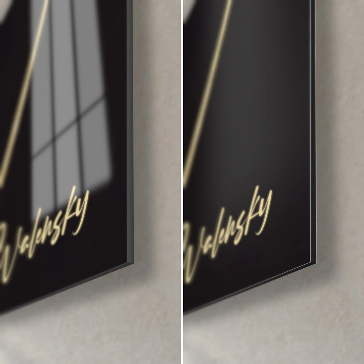 Cuadro pantera negra, esquina inferior derecha: cristal acrílico brillante con reflejos y aluminio Dibond negro mate, firma dorada, canto de 3 mm