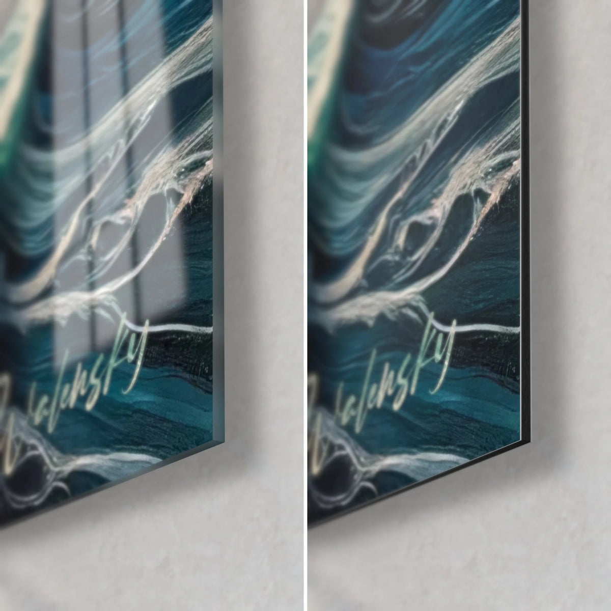 Quadro oceano in volute madreperlacee, angolo in basso a destra: vetro acrilico lucido a sinistra, Dibond nero opaco a destra, bordo da 3 mm
