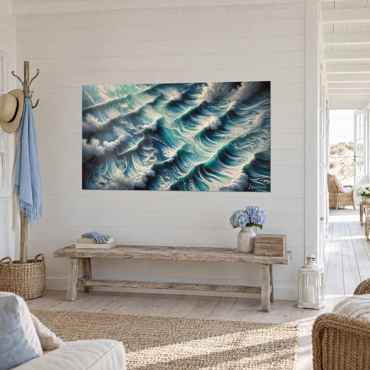 Quadro risacca in vortici bianco crema su verde smeraldo e blu profondo, vista a tre quarti, casa sul mare