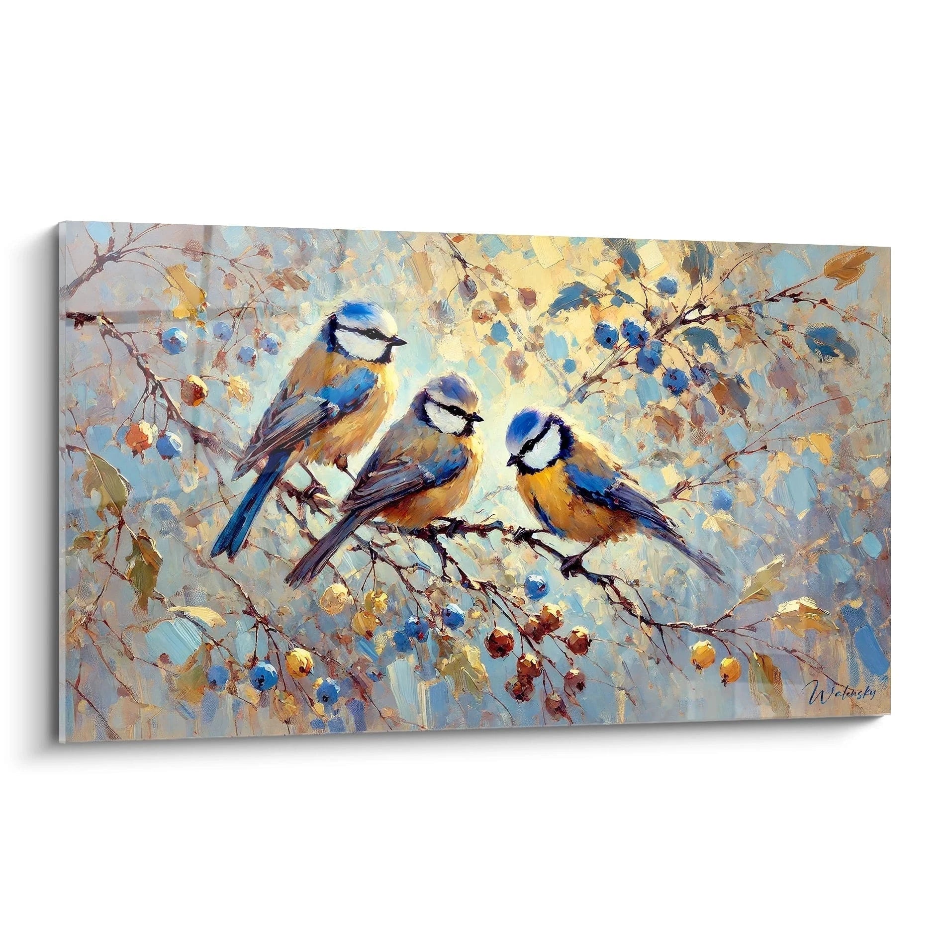 Ce tableau oiseaux met en scène trois mésanges perchées sur des branches, entourées de baies et feuillages, offrant une vue détaillée et vibrante, parfaite pour apporter de la sérénité à votre espace.