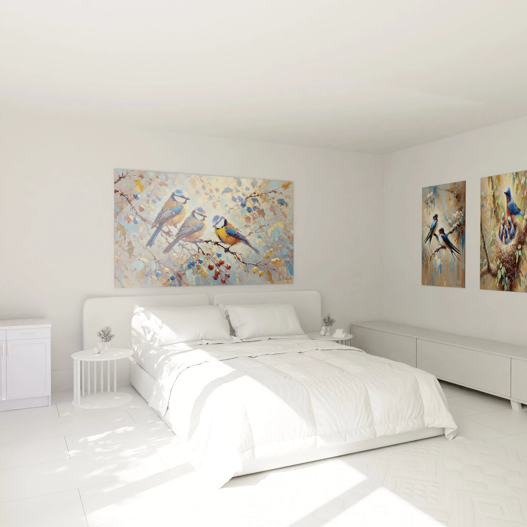 Sublimez votre chambre avec ce tableau oiseaux représentant trois mésanges. Accroché au-dessus du lit, il apporte une touche naturelle et colorée, idéale pour créer une atmosphère reposante.