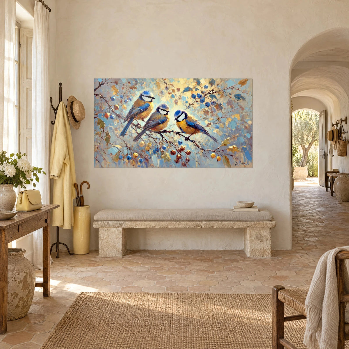 Tableau oiseaux perchés côte à côte, ventres safran et calottes azur, baies bleues, accroché dans un mas provençal