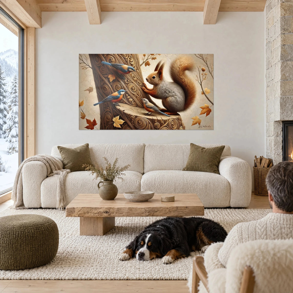 Wall art red squirrel standing upright against a carved tree trunk with swirls, two blue and orange tits, above a sofa in a bright living room