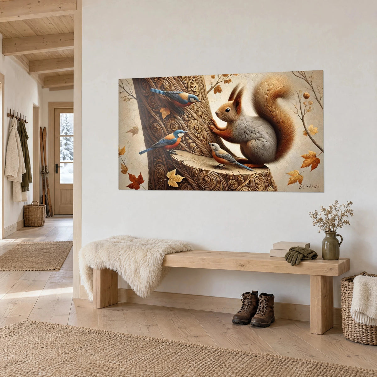 Wall art rodent with a copper bushy tail, ochre maple leaves on a cream background, hanging in a light wood entrance, three-quarter view