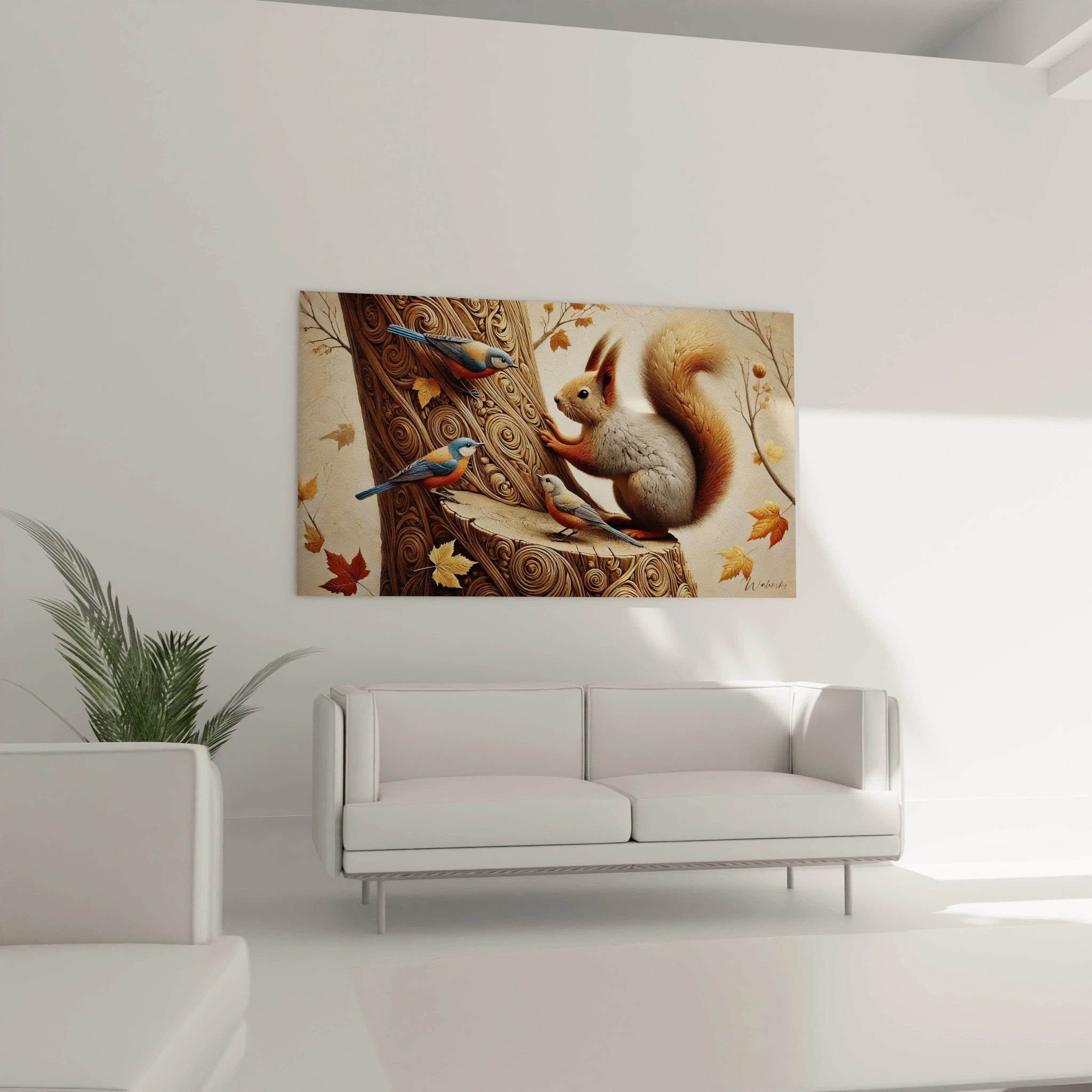 Tableau ecureuil dans un salon au dessus d un canapé, integrant harmonieusement nature et chaleur dans l'espace. Les couleurs terreuses et les oiseaux dynamisent la decoration.

