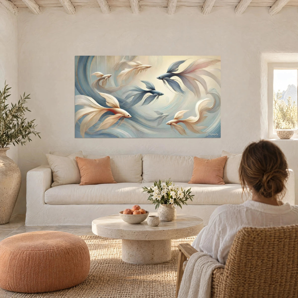 Tableau combattants voilés bleu acier et ivoire dans un tourbillon pastel, au-dessus d'un canapé dans un salon lumineux