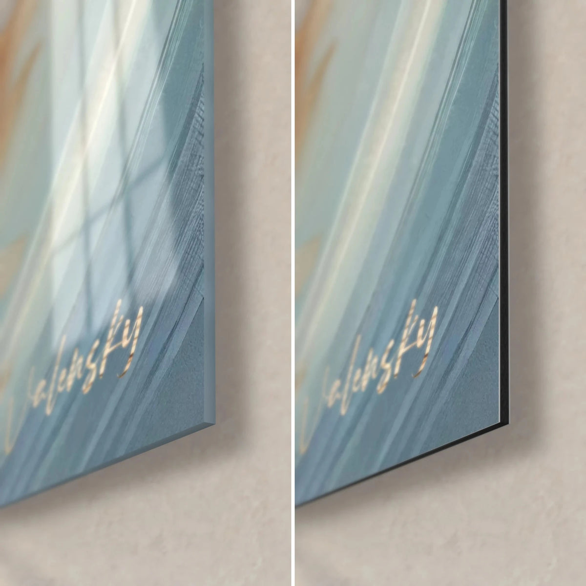 Tableau poissons combattants en bleu et ivoire, coin bas droit : verre acrylique brillant à gauche, Dibond mat à droite