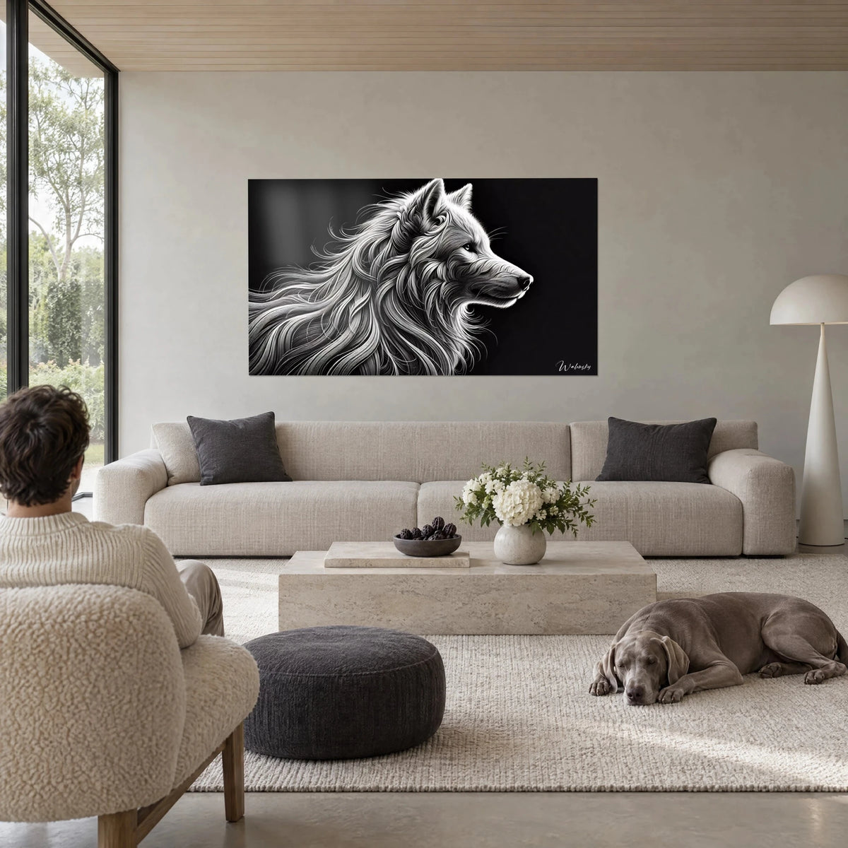 Tableau loup blanc de profil, crinière argentée en longues mèches sur fond noir, au-dessus d'un canapé dans un salon lumineux