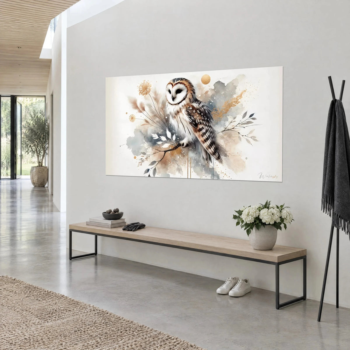 Wall art nocturnal bird perched on a branch, grey and beige spots, golden dust, hung in a bright hallway