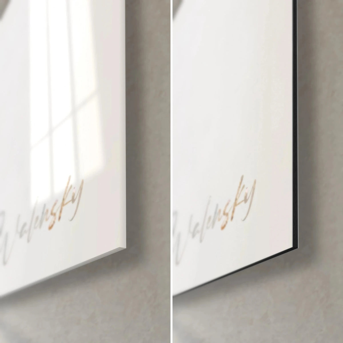 Wall art owl in watercolour, bottom right corner, glossy acrylic glass reflecting light and matt black Dibond, 3 mm thickness