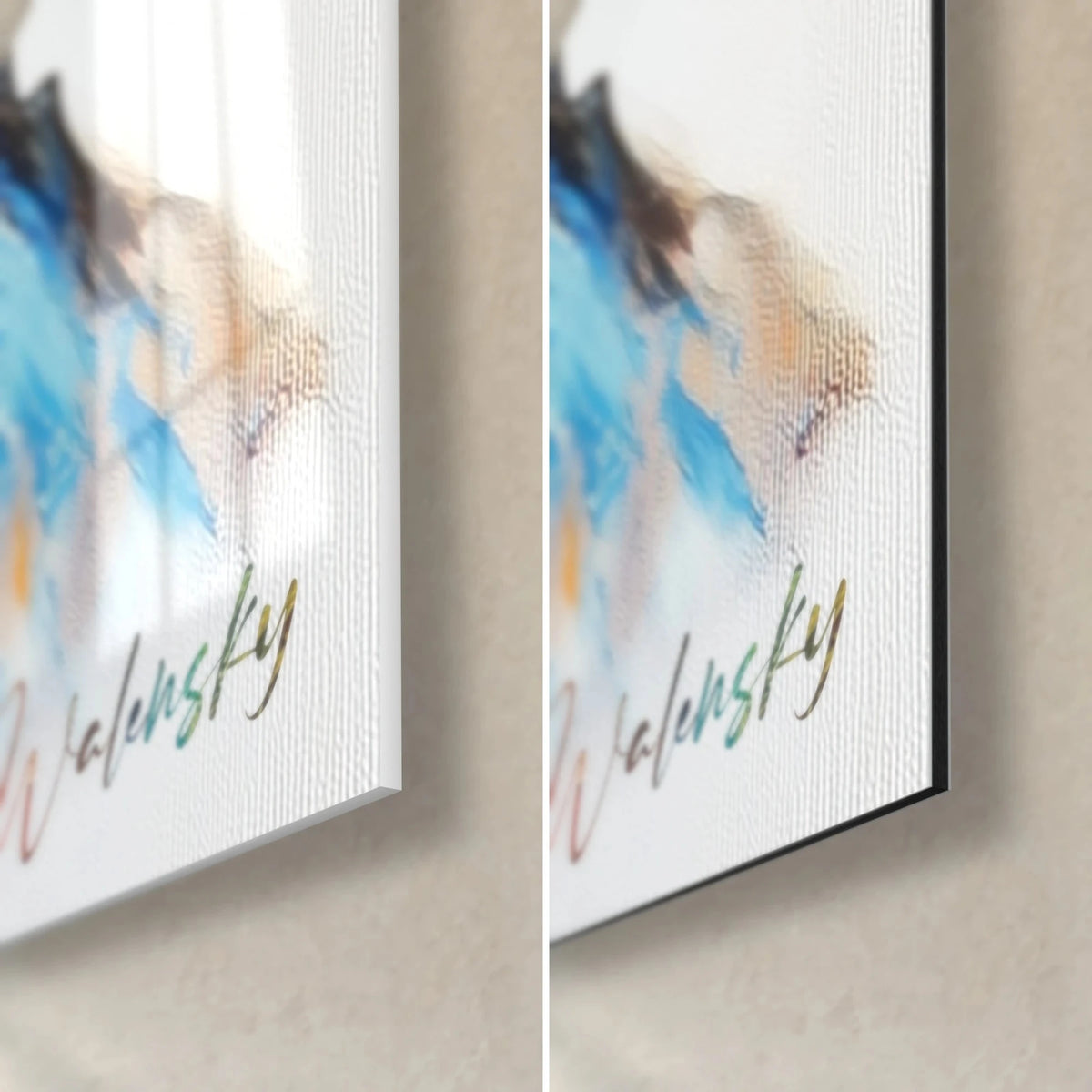 Schilderij gezicht van een vrouw in azuurblauw, Walensky-signatuur rechtsonder, glanzend glas links, mat wit Dibond rechts