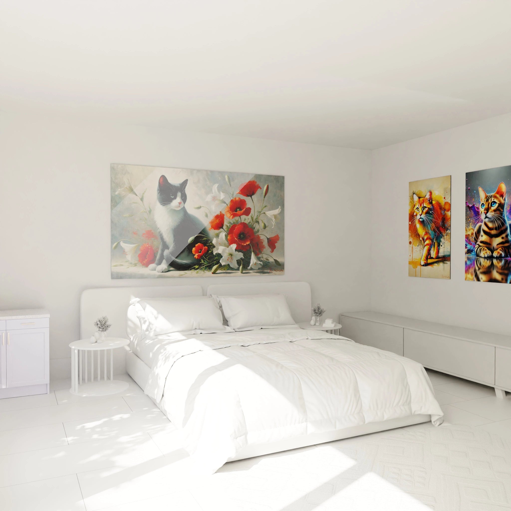 Apportez une touche d'élégance avec ce tableau chat dans votre chambre. Accroché au-dessus du lit, il crée une ambiance calme et sophistiquée grâce à ses coquelicots rouges et son félin paisible.