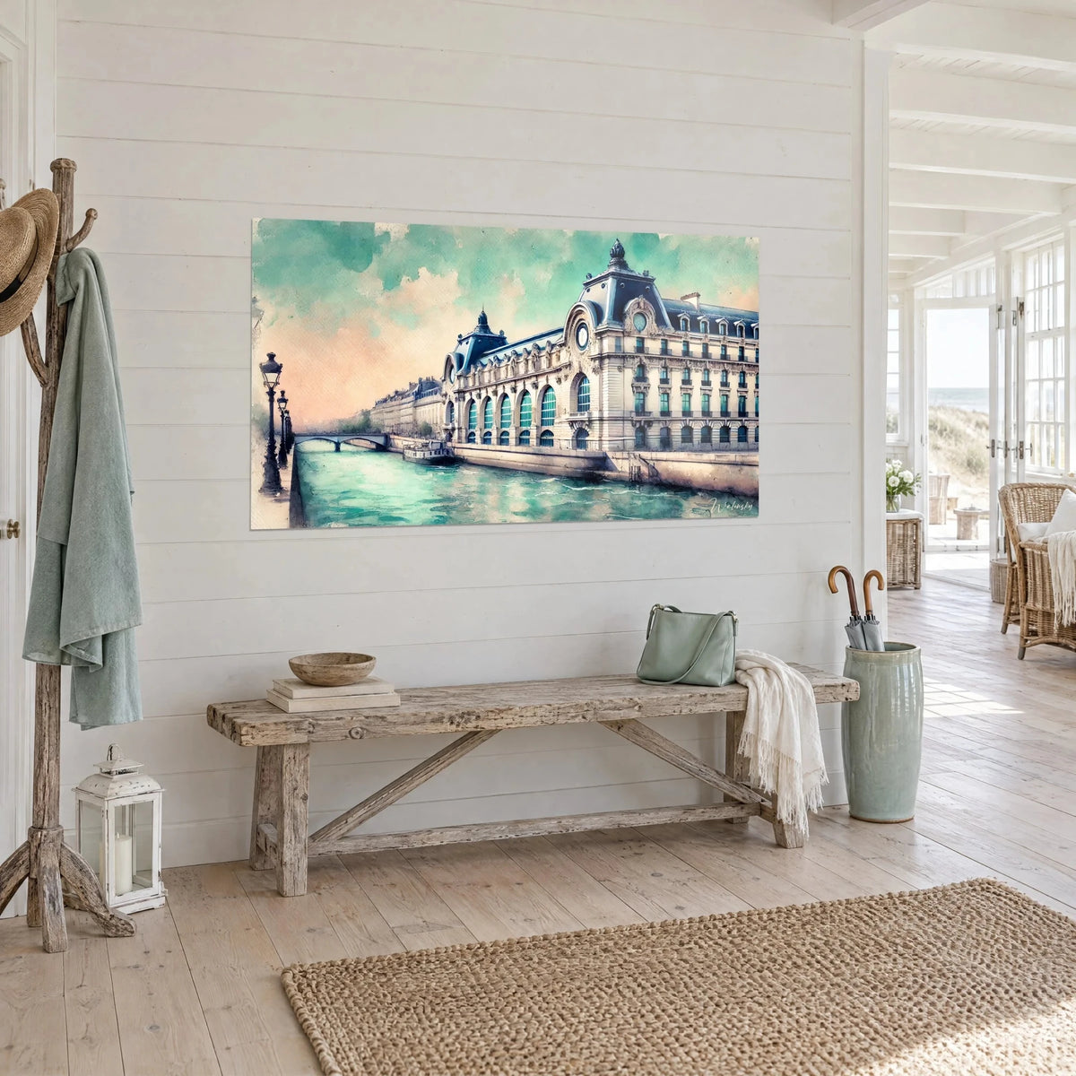 Tableau ancienne gare d'Orsay au bord d'une Seine turquoise, verrières arquées et toits d'ardoise bleue, vu de trois-quarts