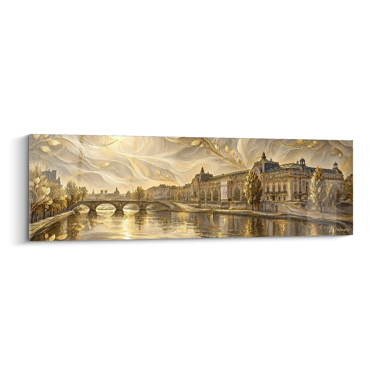 Gemälde goldenes Musée d'Orsay entlang der Seine, Steinbrücke, ockerfarbene und beige Reflexe auf dem ruhigen Wasser
