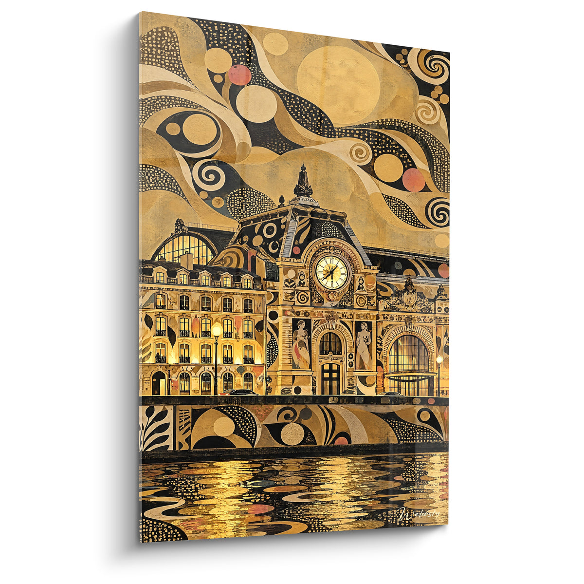 Πίνακας χρυσή πρόσοψη του Musée d'Orsay Île-de-France με ρολόι, μαύρος ουρανός και stylized διακοσμητικές σπείρες